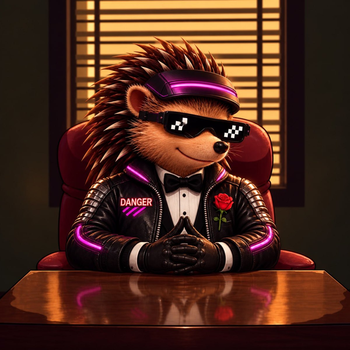 Danger in a tuxedo behind a desk