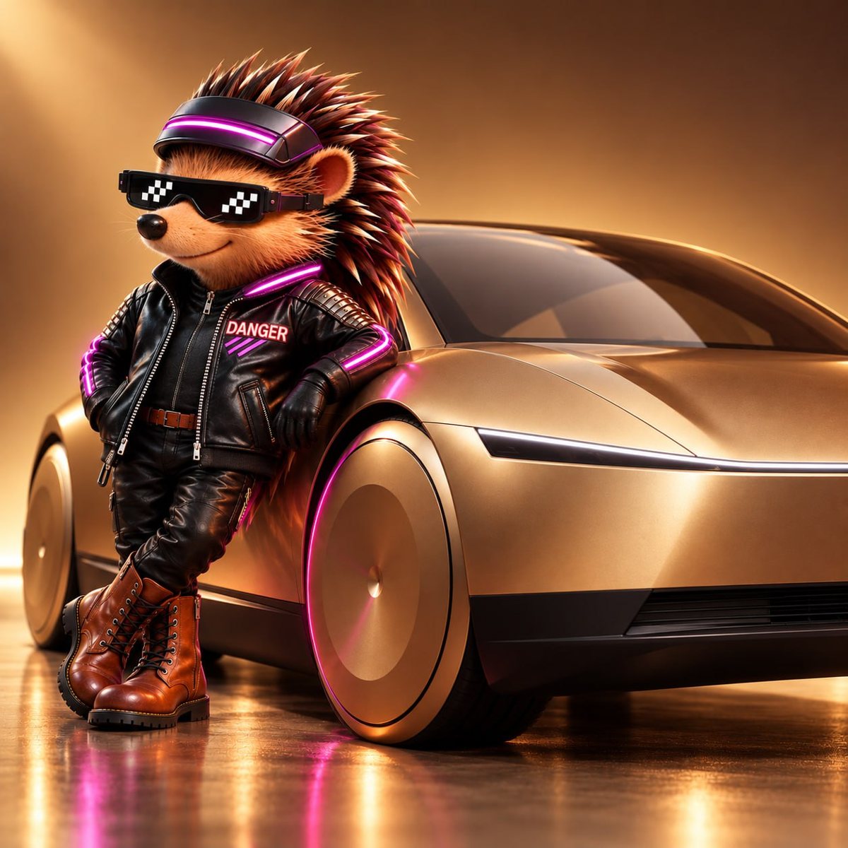 Danger the Cyberhog leaning on a gold Cybercab