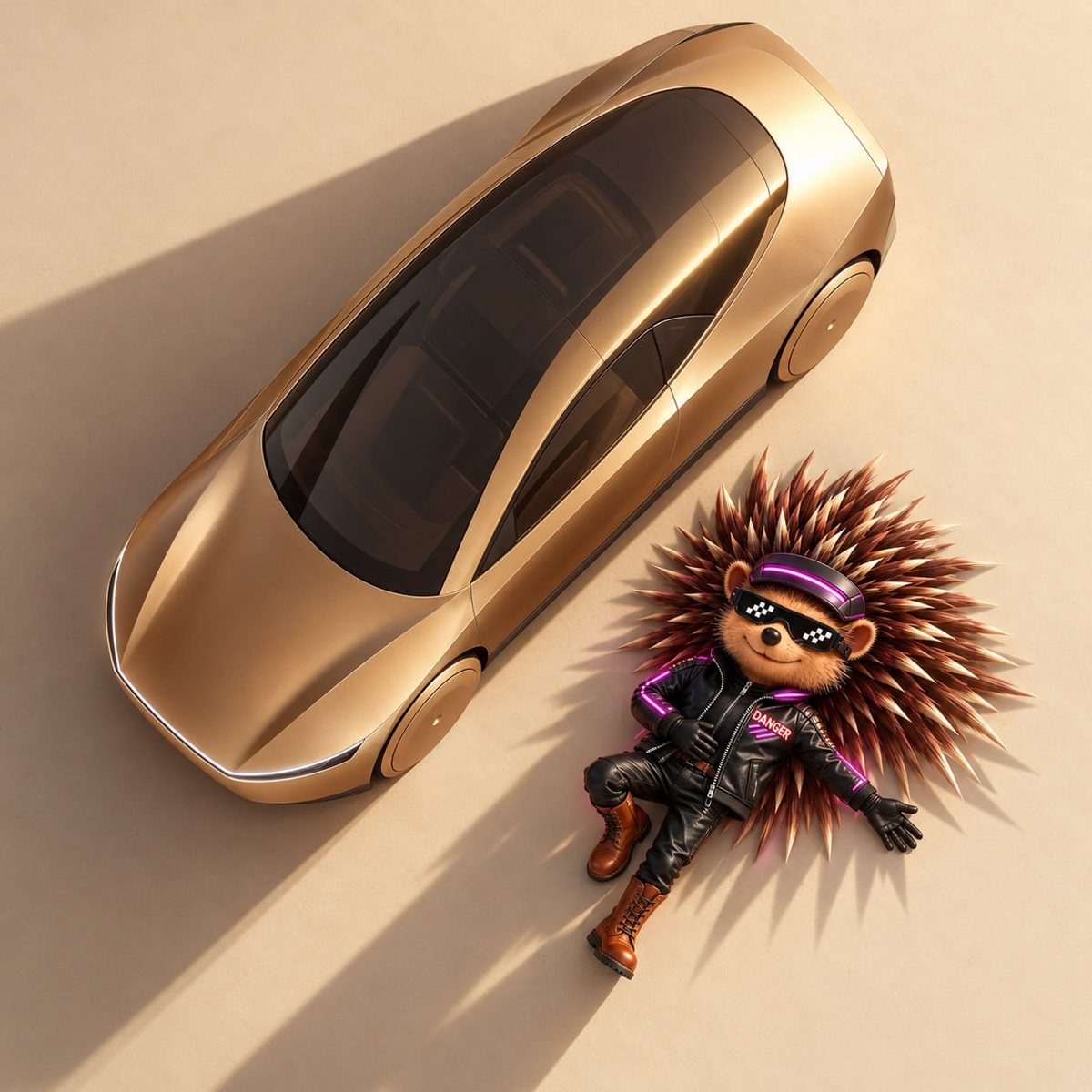 Top-down view of the gold Cybercab with Danger lying beside it