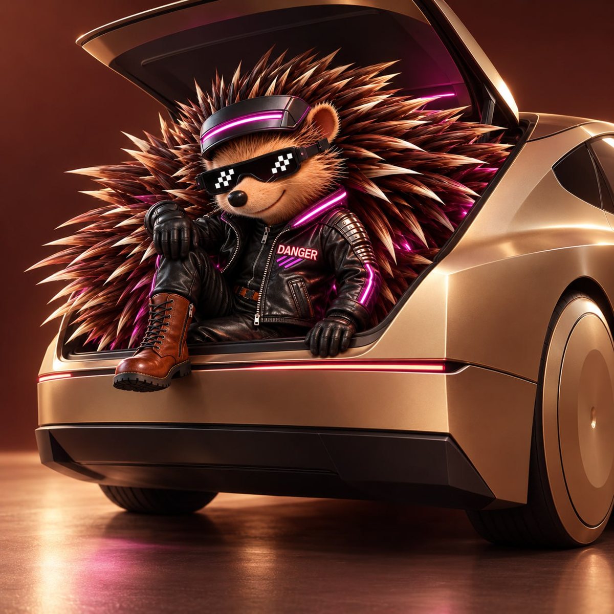Danger sitting in the open trunk of the gold Cybercab