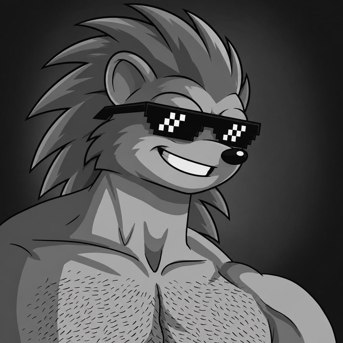 Grey cartoon hedgehog with pixel shades, haha yes style