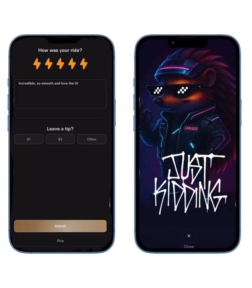 Tesla Robotaxi app: Leave a tip, then the hedgehog with Just Kidding