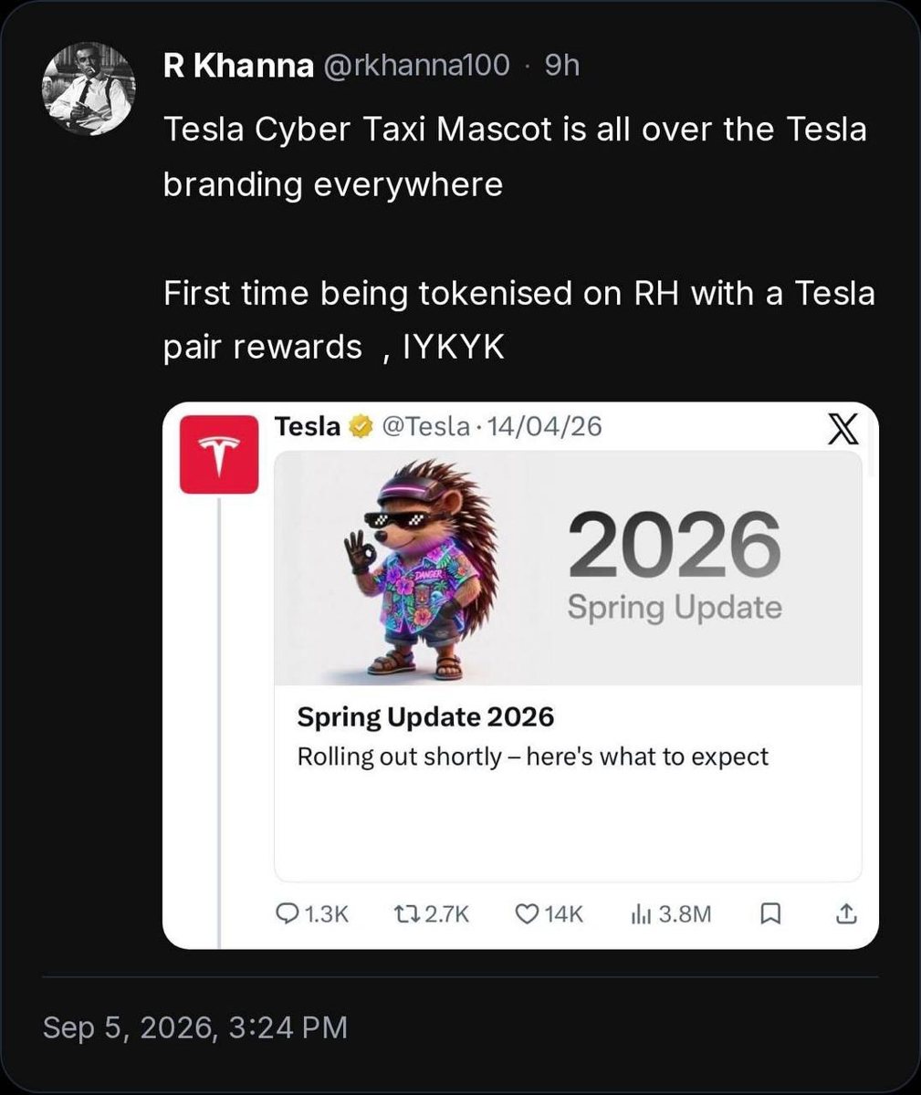 Tesla's Spring Update 2026 post featuring the hedgehog