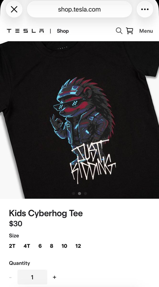 Tesla Shop listing for the Kids Cyberhog Tee