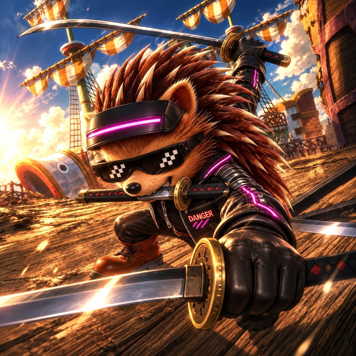 Danger with three swords on a ship deck